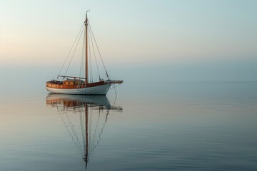 Fototapeta premium A sailboat is sailing on a lake with a foggy sky in the background