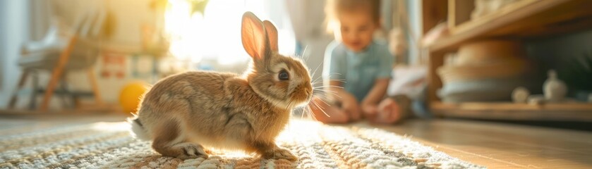 Obraz premium Adorable brown rabbit sitting on the floor in a sunlit room with a child in the background, creating a warm and cozy atmosphere.
