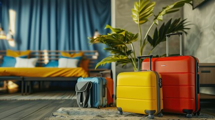 Suitcases with travel accessories in hotel room. copy space for text.