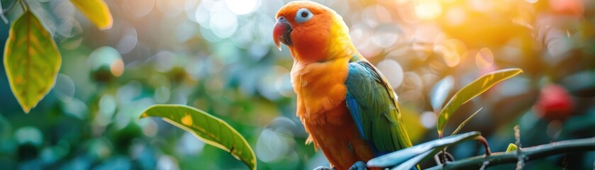 Obraz premium Vibrant parrot perched on a branch with a colorful background. This photo perfectly captures the beauty of nature and exotic birds.