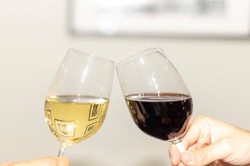 Two wine glass, one red wine one white wine