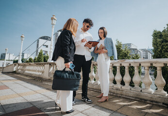 Professional business team brainstorming ideas and analyzing statistics using technology during a collaborative outdoor meeting in urban city downtown.