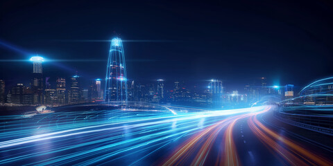 Obraz premium Futuristic Urban Cityscape at Night with Glowing Light Trails, High-Tech Metropolis Skyline, Smart City Concept, Digital Transportation Network View