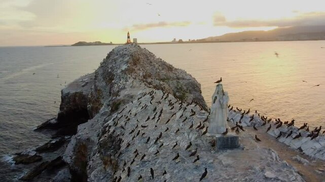 Many birds sitting on rocks of ocean during golden sunset. Isla de margarita, Venezuela. Aerial view. virgen del carmen
