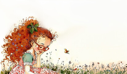 Jeune fille rousse avec lunettes de vue rouge, assise dans une prairie fleurie, contemplant un papillon, sur un fond blanc avec espace négatif. idéale pour livres pour enfants douceur et rêverie