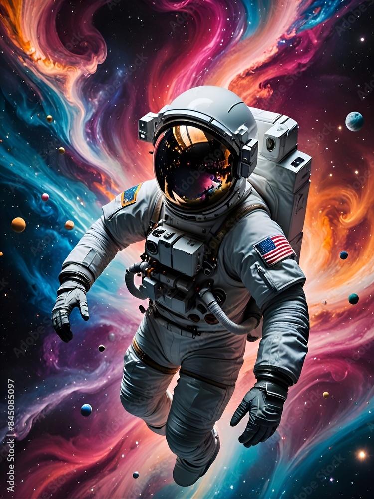 Wall mural a lost and confused astronaut floating in zero gravity within a galaxy of whirling colors, generativ