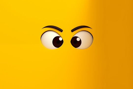 visage emboss&eacute;, yeux et sourcils sortants de la surface du fond jaune. Visage en rendu 3d sur une surface plane. Emotion Regard intense et d&eacute;termin&eacute; qui louche avec des yeux et sourcils expressifs