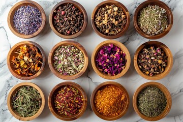 Assorted Dried Herbs and Spices in Bowls