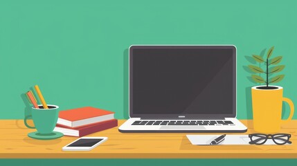 A minimalist styled desk with a laptop, plant, coffee mug with pencils, books, smartphone, and glasses against a green background