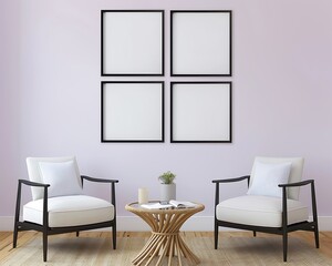 A chic living room with a light lavender wall, showcasing four medium-sized empty black frames in a cross pattern.