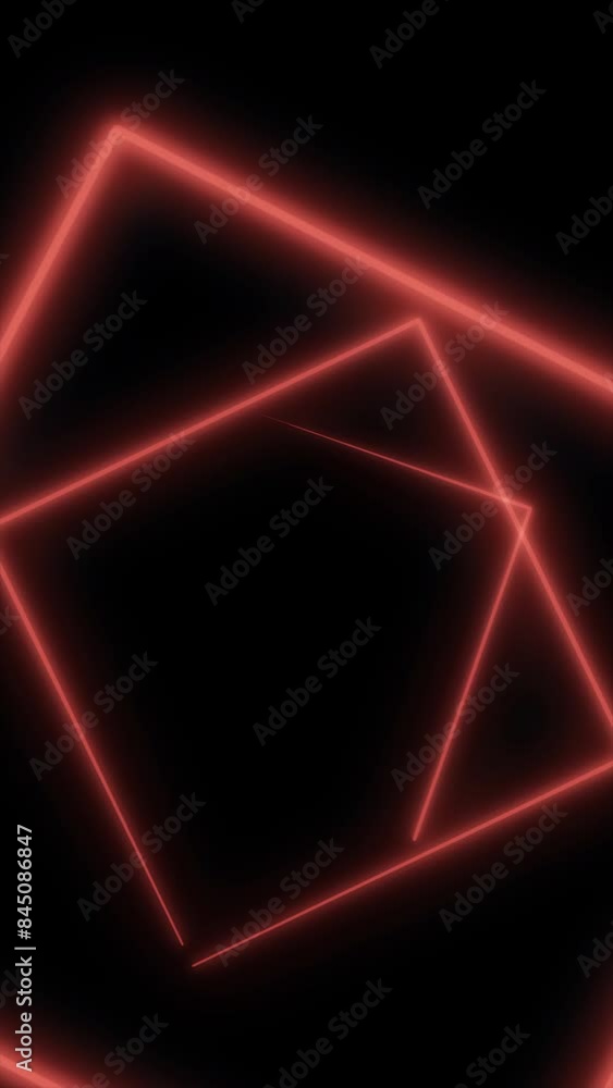 Poster the square neon tunnel of squares. media. spinning laser beams creating squared shapes on a black ba