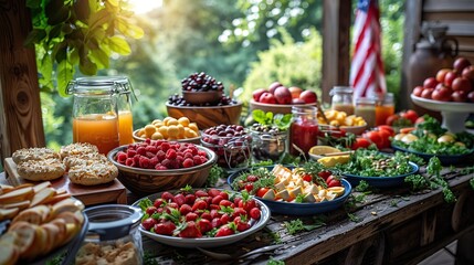 Obraz premium On Memorial Day, an American flag draped over a table laden with traditional foods creates a warm and inviting atmosphere as the scene basks in sunlight.
