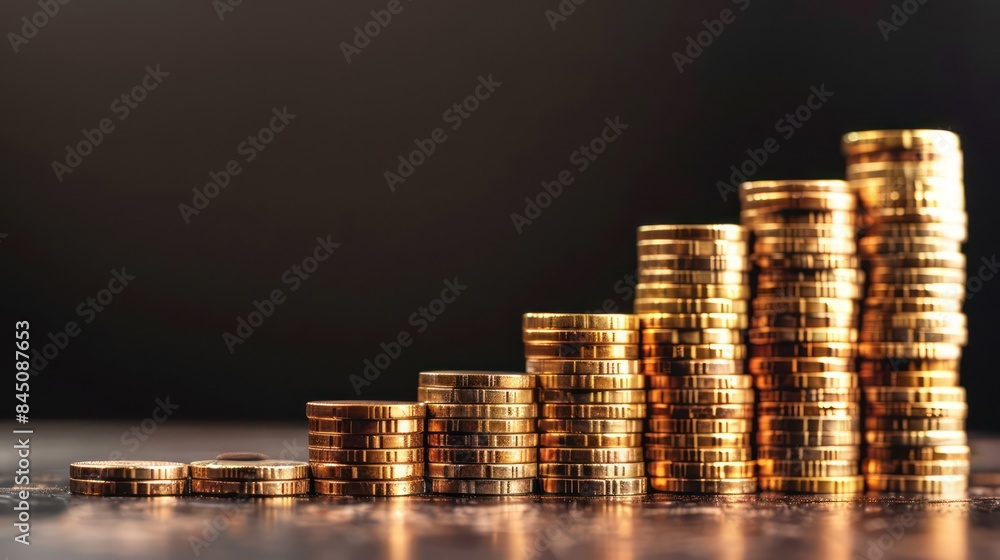 Poster a conceptual image depicting stacks of golden coins with the tallest stack on the right suggesting g