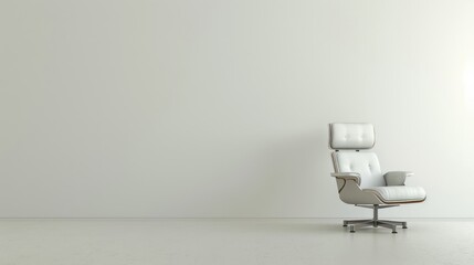 A modern white chair stands out against a minimalist interior with a white wall and a light floor, conveying simplicity and contemporary style