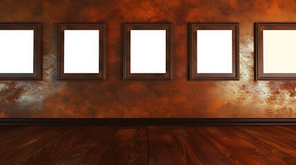A dark amber wall featuring four empty rectangular blank picture frames, all of equal size,...