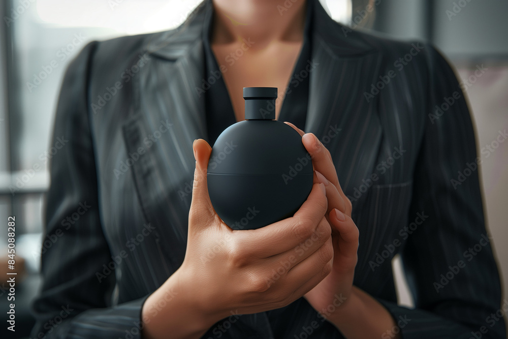 Wall mural mock up, empty black oval perfume bottle held by working woman in a suit, ai generated images - Wall murals