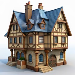Fototapeta premium 3D Render of a Tudor-style Townhouse, on isolated white background, Generative AI