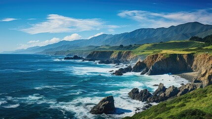 Obraz premium Serene Coastal Cliffside Vista with Waves, Mountains, and Blue Sky - Realistic Photography Capturing Nature's Beauty