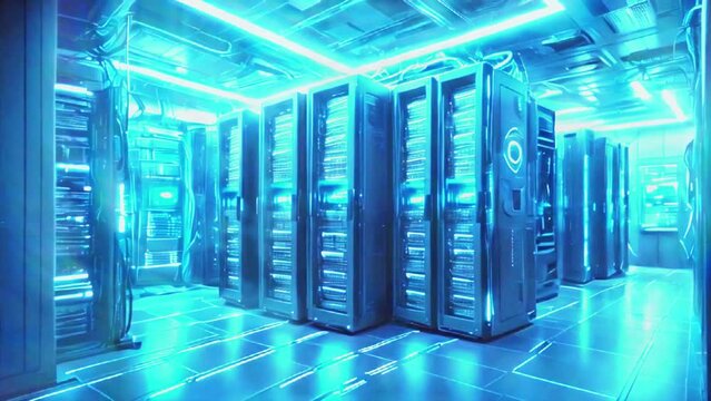 A large room filled with tall metal server racks with bright blue lights.