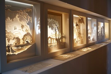 A gallery scene featuring a series of intricate shadow box art pieces, each box containing layered scenescrafted from paper cut-outs. Full ultra HD, high 