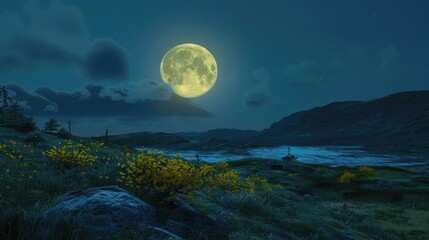 Bright yellow moon shining in the night sky above the Arctic tundra in late summer