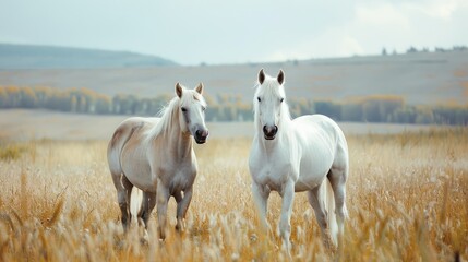 Obraz premium Two horses in the steppe background
