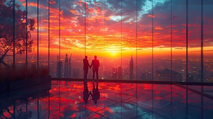 Amidst the towering skyscrapers bathed in the golden hues of sunrise, two businessmen engaged in a firm handshake, symbolizing the successful conclusion of their partnership deal, solidifying their