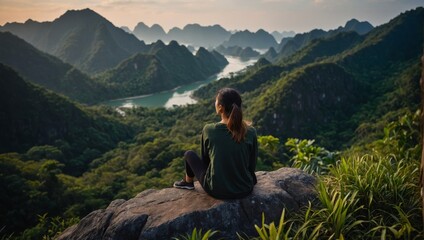 Fototapeta premium Cat Ba National Park Top of the Hill Young Woman enjoys beautiful view from the Ngu Lam peak in Kim Giao forest,.