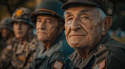 Obraz premium A gathering of veterans in a park on Memorial Day, sharing stories and reminiscences against a backdrop of waving American flags, with ample space for text.