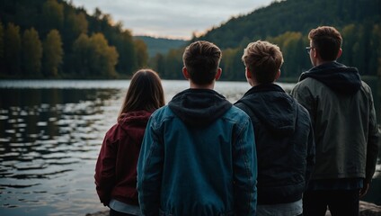 Fototapeta premium Group of young people standing next to the beautiful lake among.