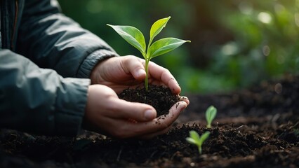 New life, concern for the future, spring and ecology concept Father's hands are passed green growing plant to the child over nature background.