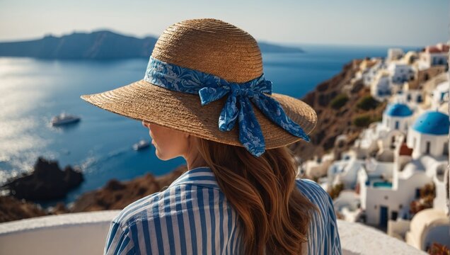 Luxury travel vacation woman in Santorini banner Europe cruise ship destination holiday tourist looking at sea view with sun hat in Oia, Greece.