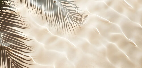 palm leaf shadow on abstract transparent blue water wave from above, empty sunny beach background concept for travel, vacation and beauty care with copy space