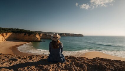 travel destination in Portugal- idyllic beach in Algarve with woman enjoying the view.