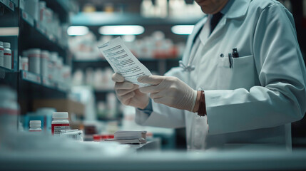 Close-up of a pharmacist's hands preparing a prescription