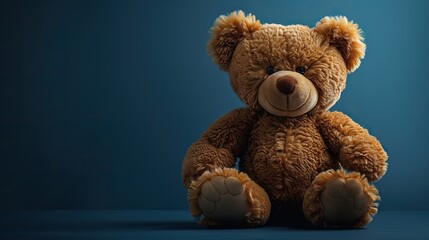 A jubilant teddy bear, clad in casual attire, beams with a broad grin in a whimsical cartoon-like pose. It exudes a relaxed and funky vibe while lounging on a deep blue backdrop, inviting your text to