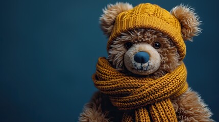 A jubilant teddy bear, clad in casual attire, beams with a broad grin in a whimsical cartoon-like pose. It exudes a relaxed and funky vibe while lounging on a deep blue backdrop, inviting your text to
