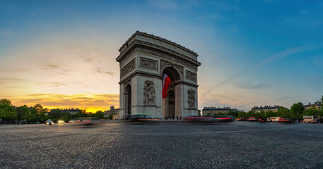 Paris France, panorama city skyline sunset at Arc de Triomphe and Champs Elysees