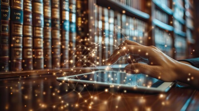 A lawyer diligently examines a digital smart contract displayed on a tablet within a contemporary office setting, embodying the paradigm shift brought about by blockchain technology in the legal realm