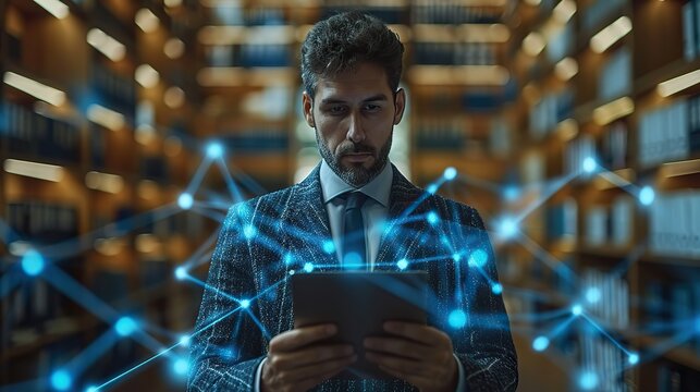 A lawyer diligently examines a digital smart contract displayed on a tablet within a contemporary office setting, embodying the paradigm shift brought about by blockchain technology in the legal realm