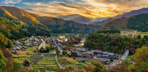 Shirakawago village Gifu Japan panorama, Historical Japanese traditional Gassho house at Shirakawa village in autumn foliage season