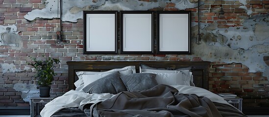 A rustic bedroom with a brick wall, featuring three small empty black frames in a triangle.