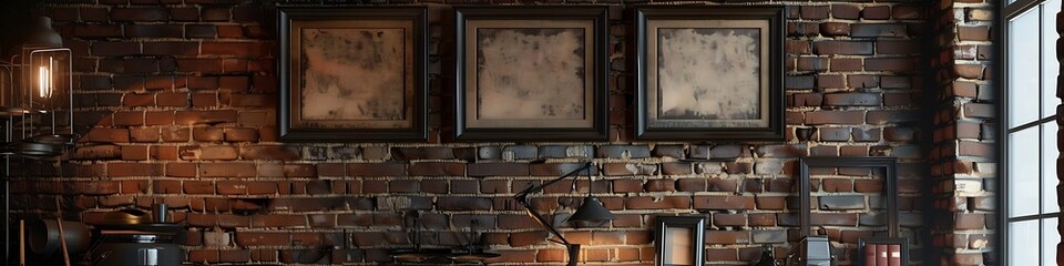 A rustic living room with a brick wall, featuring three small empty black frames in a diagonal...