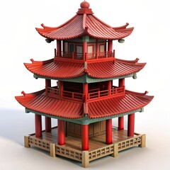 3D Render of a Chinese pagoda, on isolated white background, Generative AI