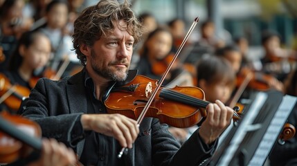 Fototapeta premium In a vibrant multiethnic school orchestra, a dedicated music teacher leads a heartfelt rehearsal, fostering a profound connection between the guiding spirit and the young, aspiring musicians.