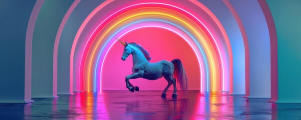A majestic blue unicorn stands in a surreal dreamscape of vibrant rainbows and pulsating neon lights