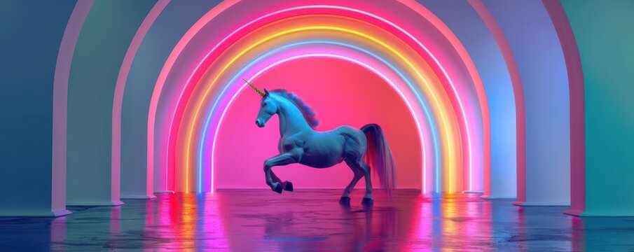 A majestic blue unicorn stands in a surreal dreamscape of vibrant rainbows and pulsating neon lights