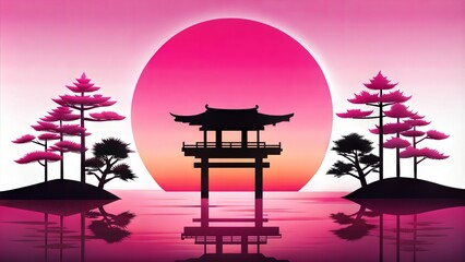 Naklejka premium Japan sunset silhouette on white background
