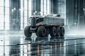 Futuristic Autonomous Concept Truck Showcased in Minimal Showroom with High Depth of Field