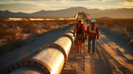 Workers in safety gear inspecting an oil pipeline in a desert landscape. The sun casts long shadows, emphasizing the vast, arid environment.